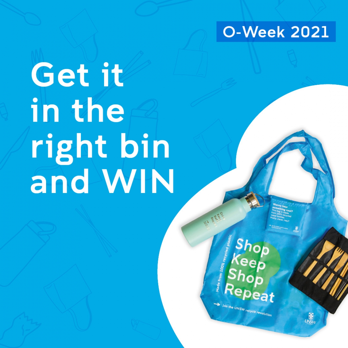 White text on blue background "Get it in the right bin and win"